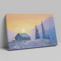 Framed canvas print of an impressionist painting with a mountain cabin at sunset