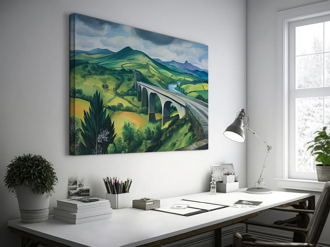 Framed canvas print depicting a modern panoramic landscape with a valley and bridge, in vivid colours