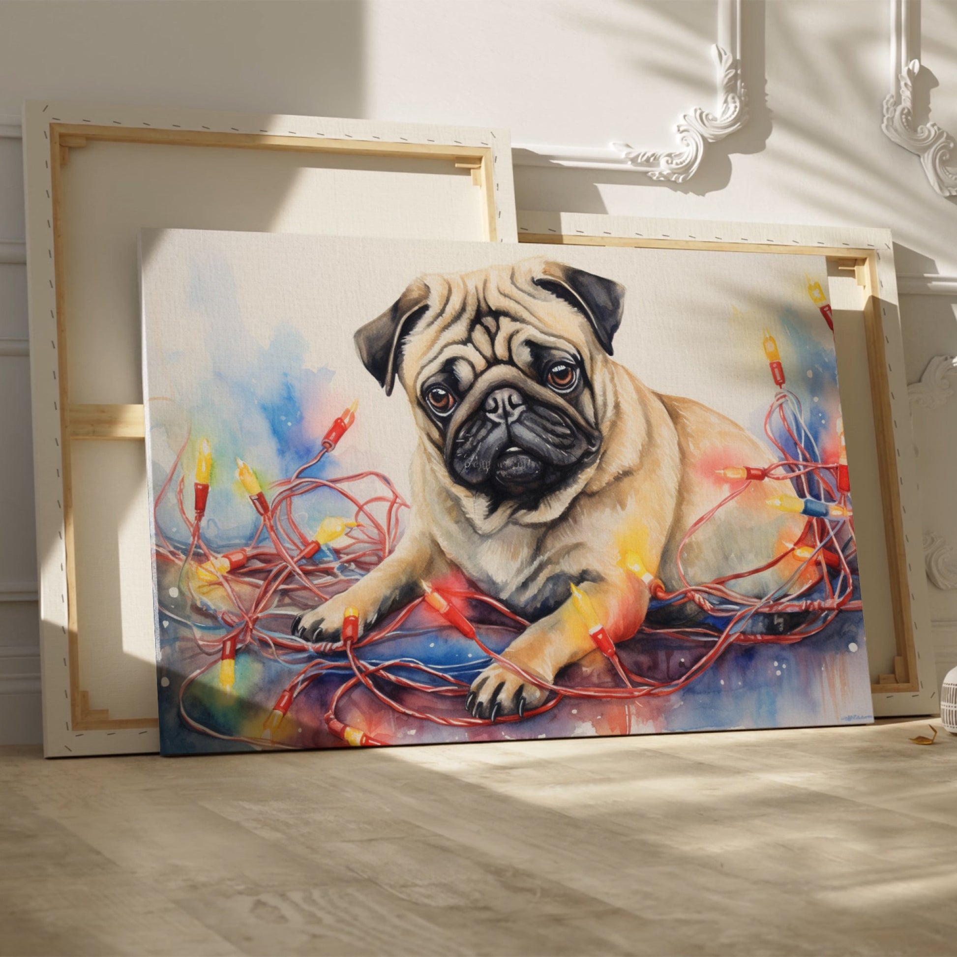 Framed canvas print of a lovable pug entwined with colourful Christmas lights in a painterly watercolour style