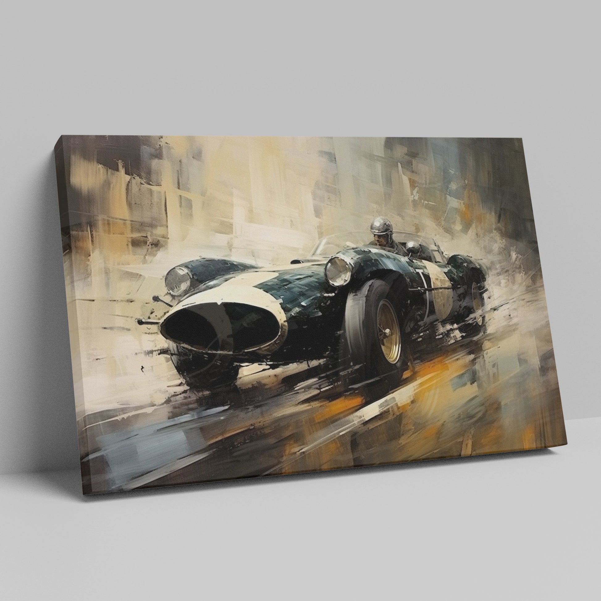 Framed canvas print of a vintage race car depicted in vibrant, artistic style