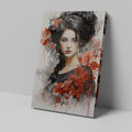 Framed canvas print of a stylised portrait of a woman with red poppies and monochrome elements