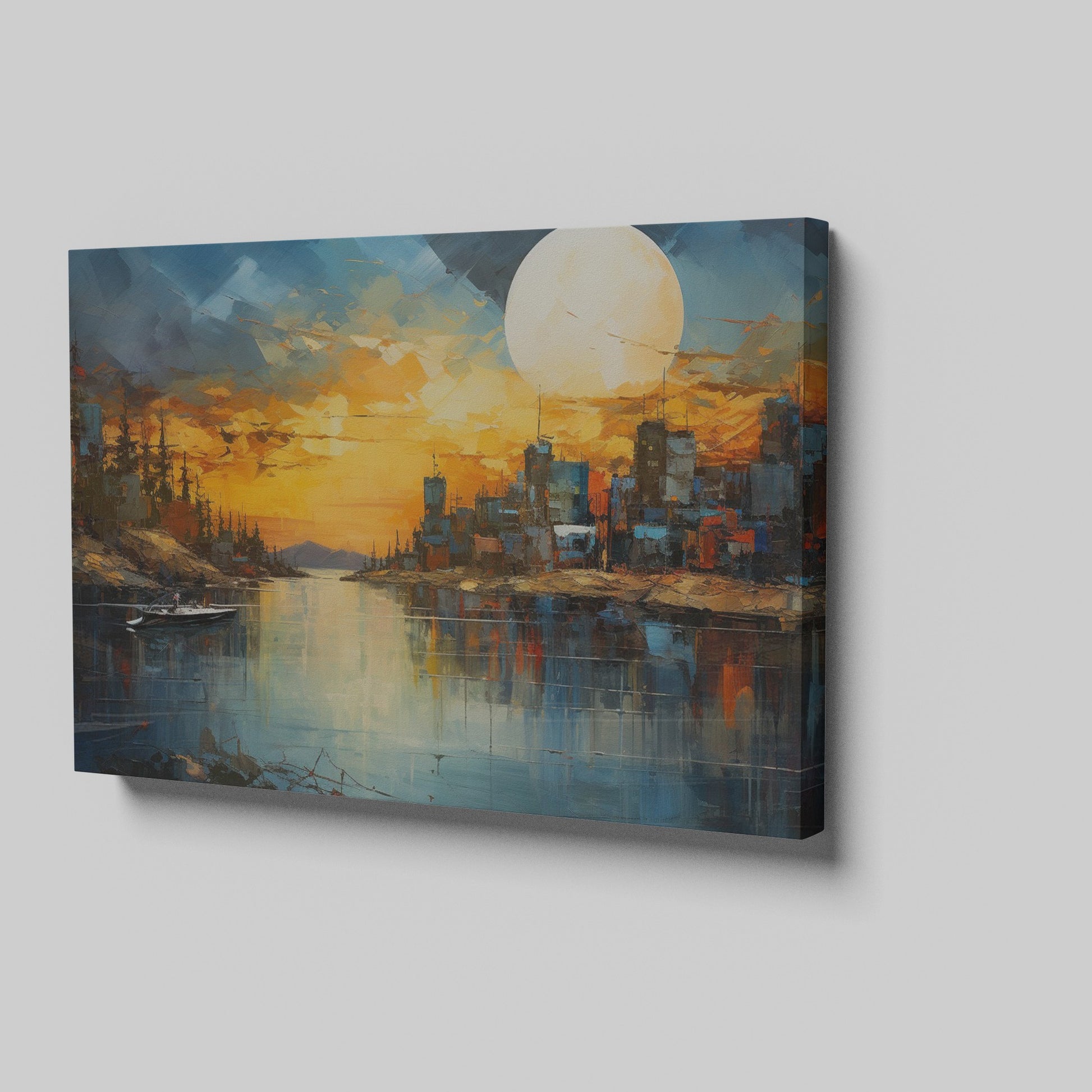 Framed canvas print of vibrant sunset with cityscape reflection over water and textured brush strokes