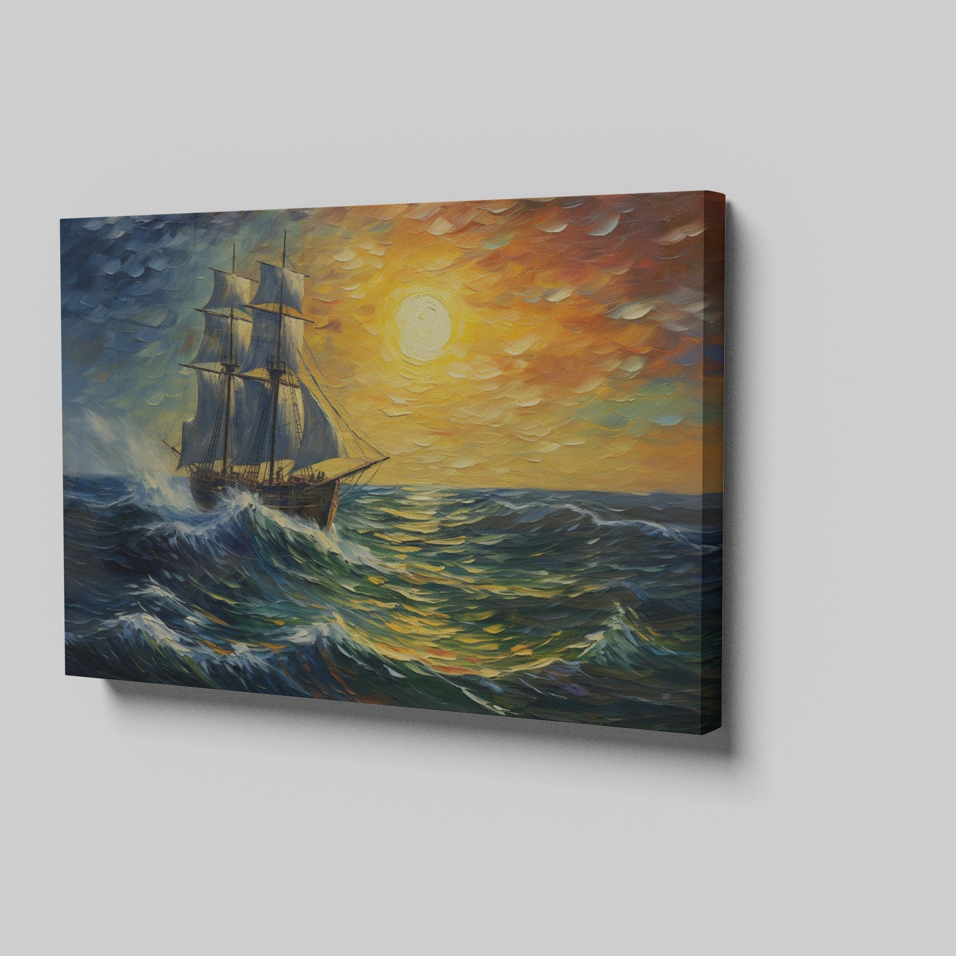 Framed canvas print of an impressionist painting featuring a sailing ship on vibrant sunset seas