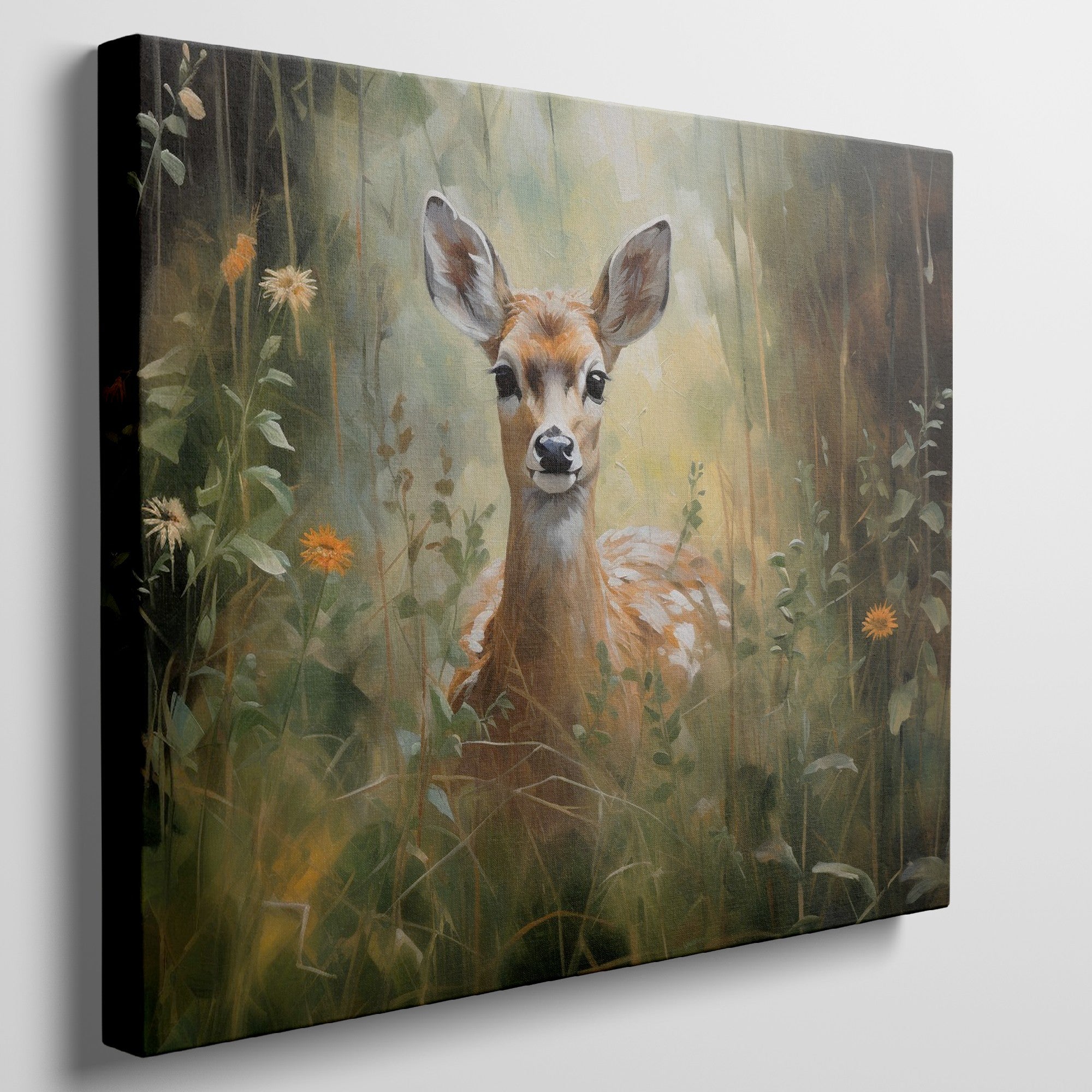 Framed canvas print of a gentle fawn in a sunlit meadow with vibrant wildflowers