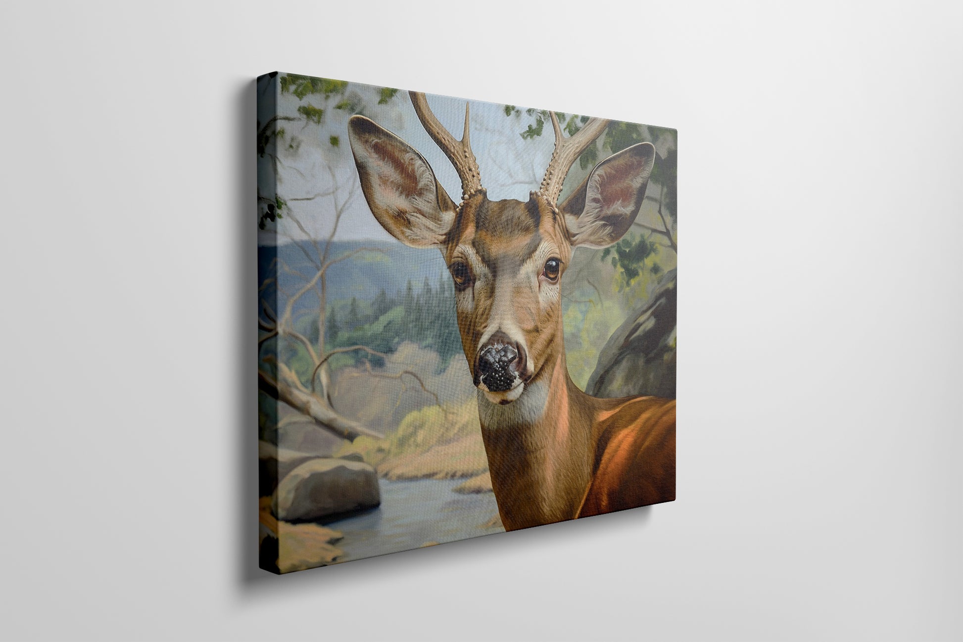 Framed canvas print of a realistic deer portrait with an endearing expression set against a detailed forest landscape