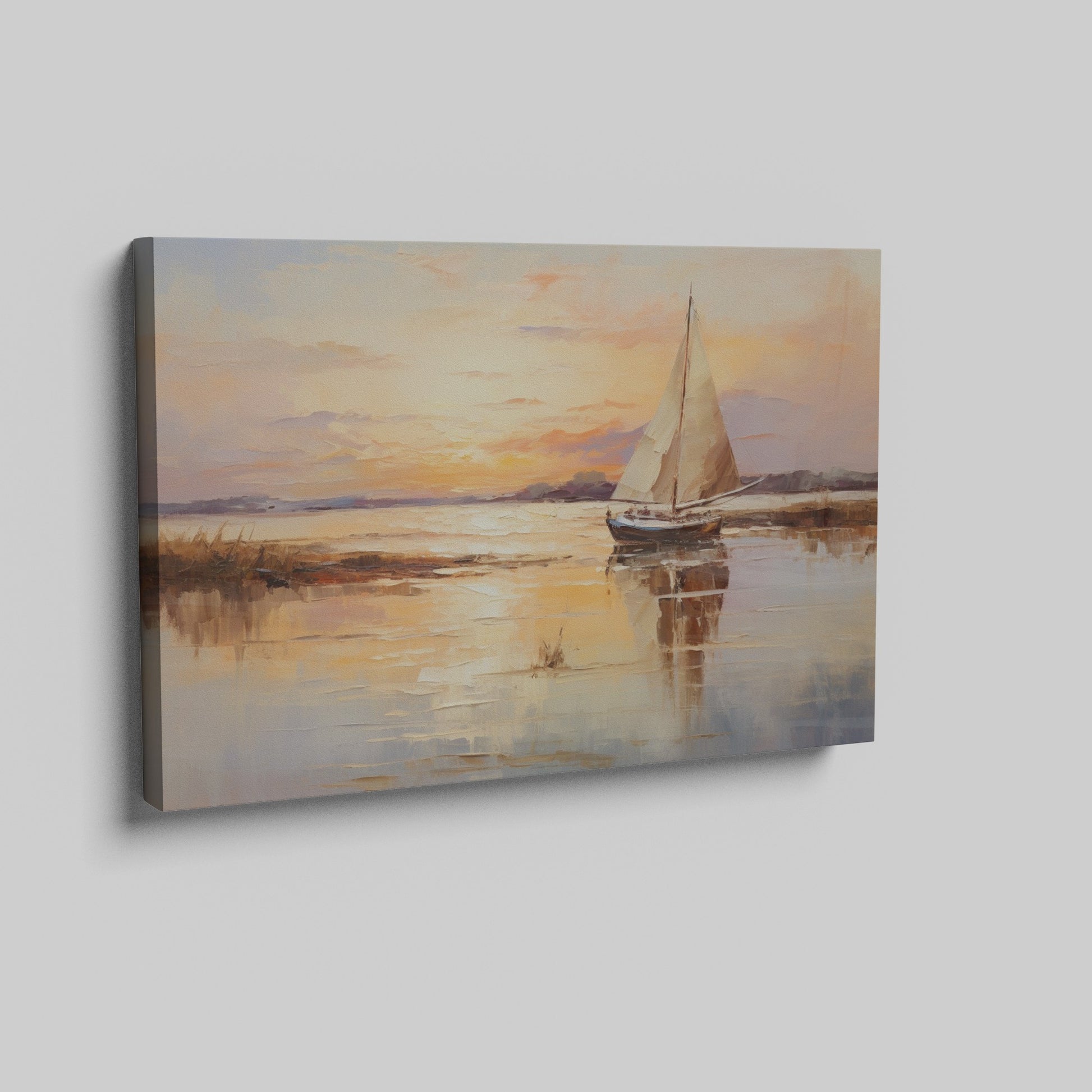 Impressionistic painting of a sailboat on calm waters at sunset with vibrant orange and yellow tones reflecting on the water.