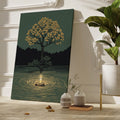 Framed canvas print of a candle's glow reflecting in water under a tree with golden leaves and a starry night