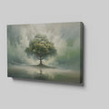 Framed canvas print of a serene landscape with a solitary tree and its reflection amidst ethereal clouds