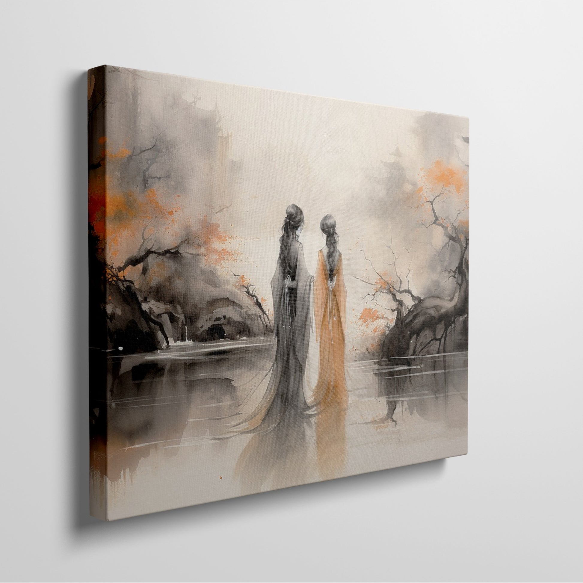 Framed canvas print of oriental ink wash painting with misty landscape and autumn hues