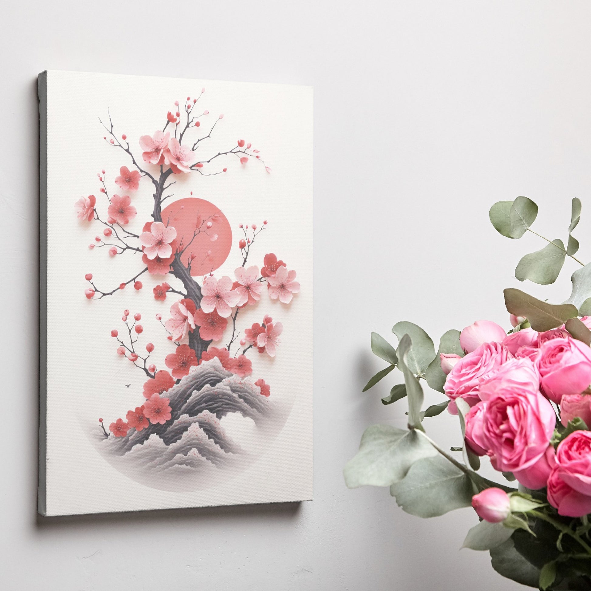 Framed canvas print of sakura blossoms and Mount Fuji in pastel shades