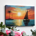 Framed canvas print of a tropical sunset with a sailboat and palm trees