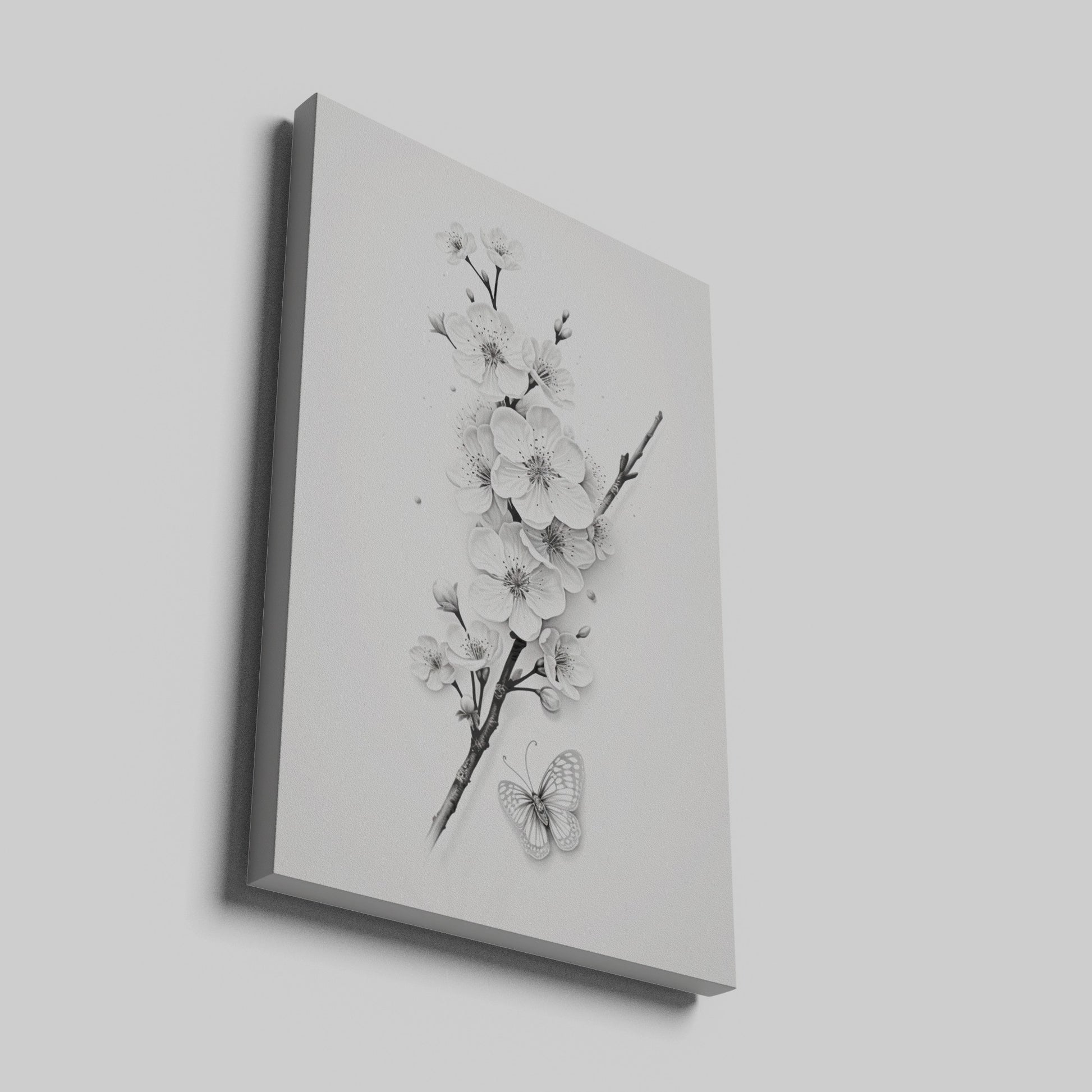 Framed canvas print of monochrome blossoms and a butterfly in a minimalist style