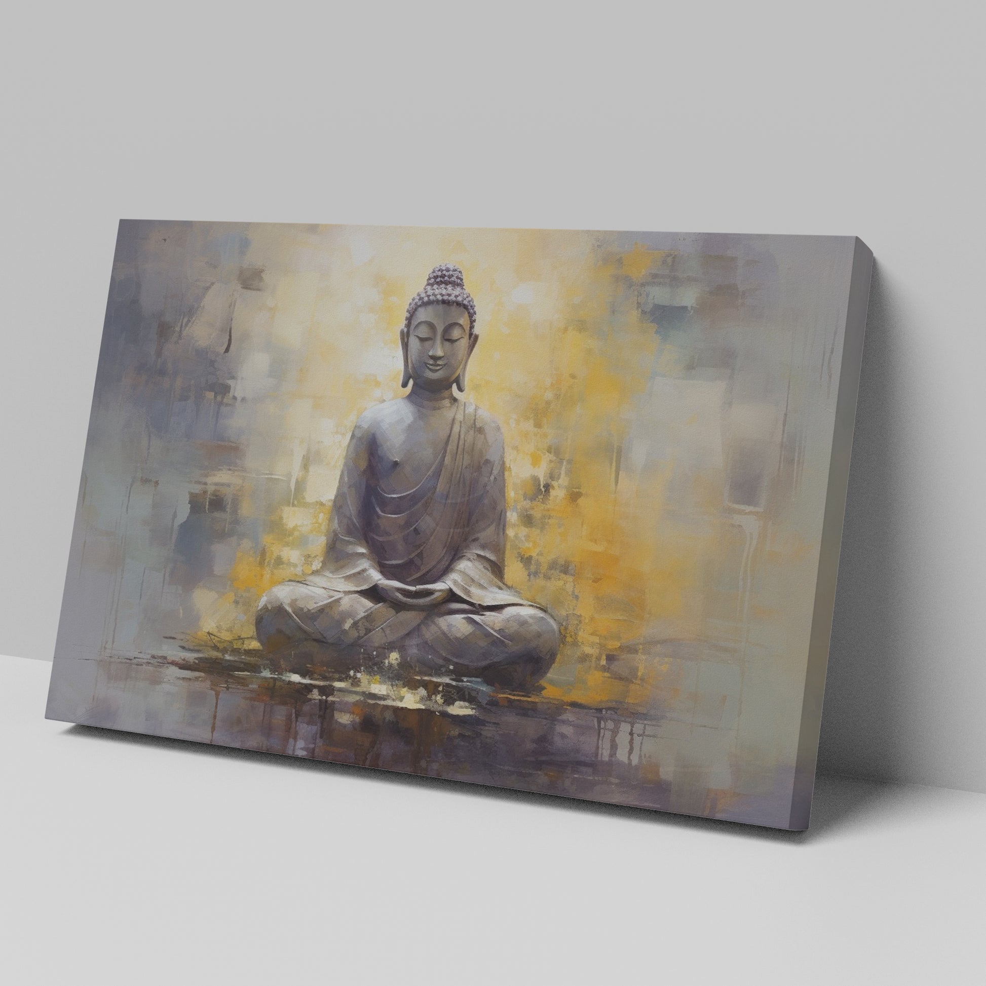 Framed canvas print of a serene Buddha in meditation with abstract warm and cool tones