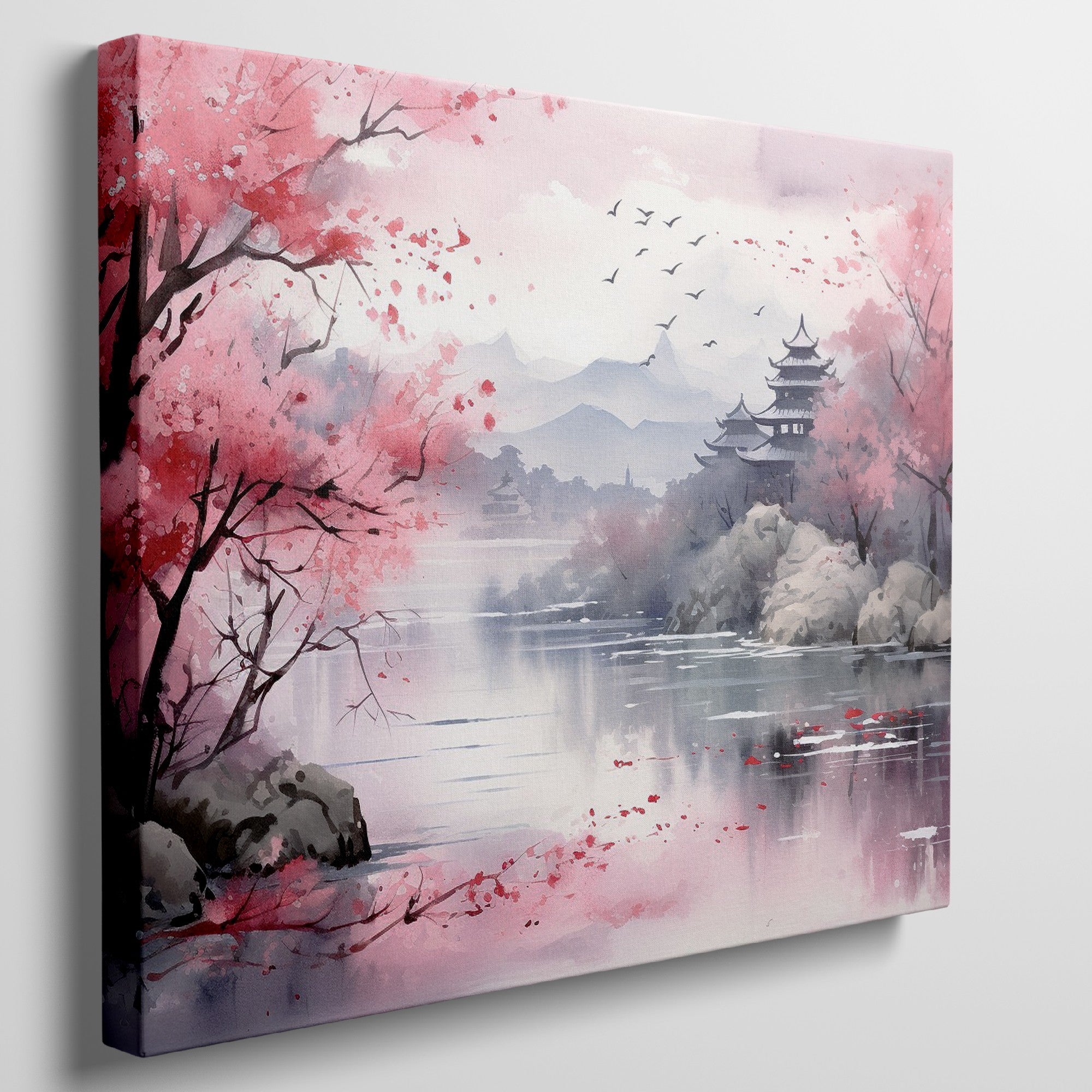 Framed canvas print of Oriental watercolour landscape with pink cherry blossoms, serene lake, and pagoda