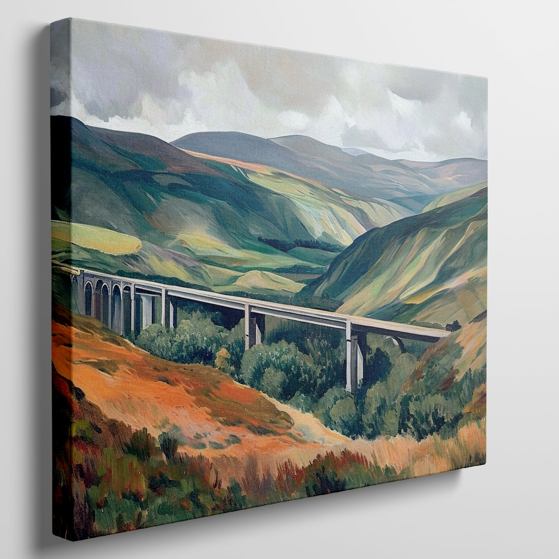 Framed canvas print of a pastoral landscape with a viaduct bridge over a scenic valley