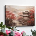 Framed canvas print of Oriental Asian Pagoda scene with Cherry Blossoms and misty mountain backdrop