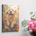 Framed canvas print of a joyful Golden Retriever surrounded by autumn leaves