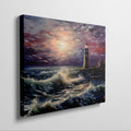 Framed canvas print of a dramatic sunset over a tempestuous sea with a lighthouse