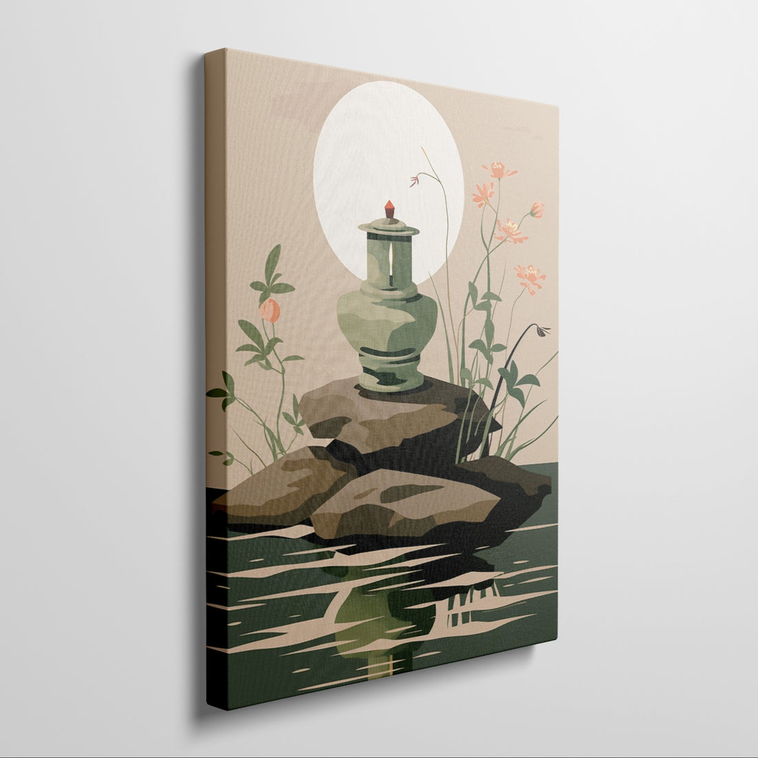 Vintage green lantern on brown rocks with orange flowers and green foliage, reflecting onto serene green water against a beige background with a white moon.