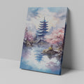 Framed canvas print of a traditional pagoda with cherry blossoms over tranquil waters, with modern skyline in the background