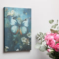 Framed canvas print of a vivid blue butterfly with delicate white flowers on a blue background