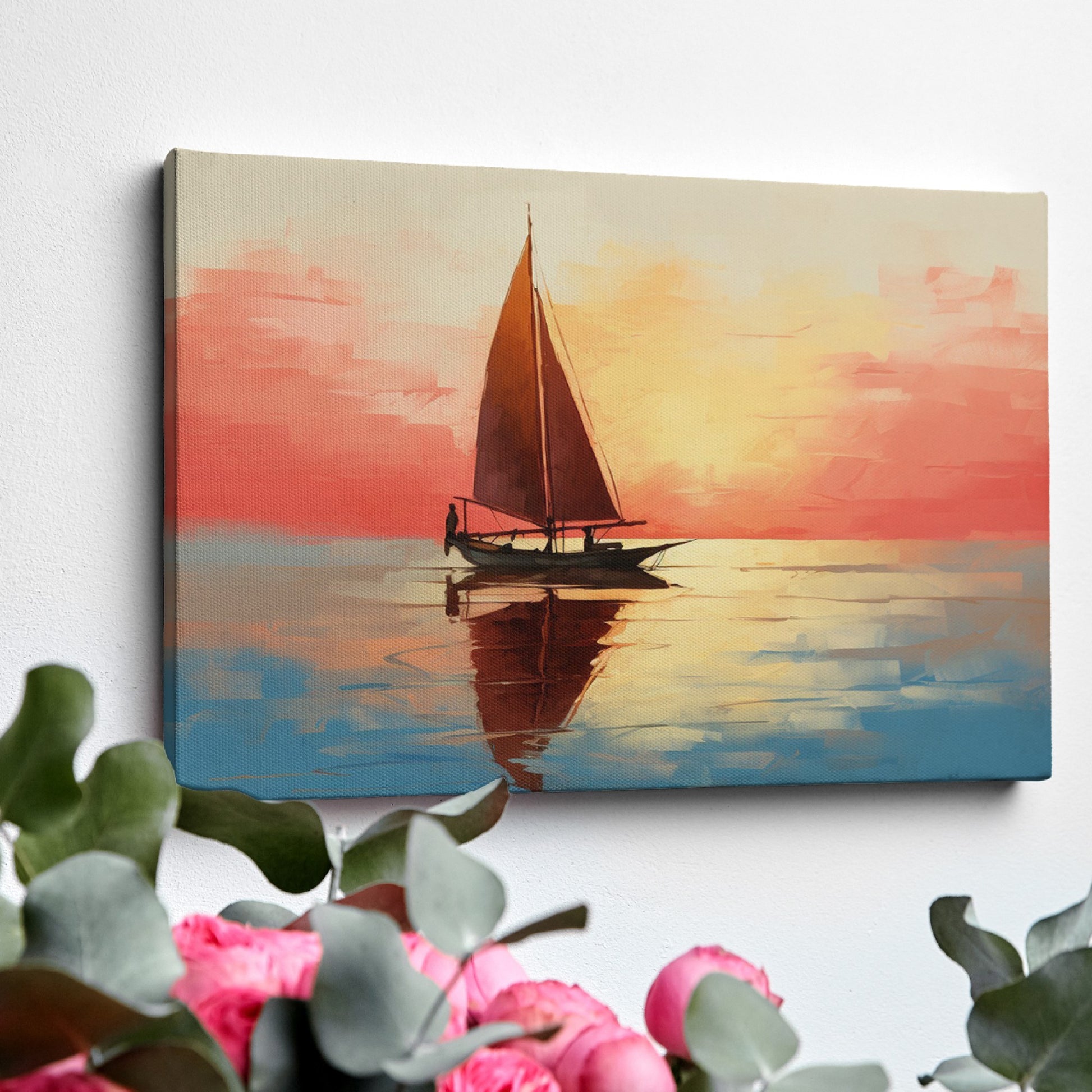 Impressionistic sailboat at sunset with vibrant orange, red, and blue hues reflecting on water