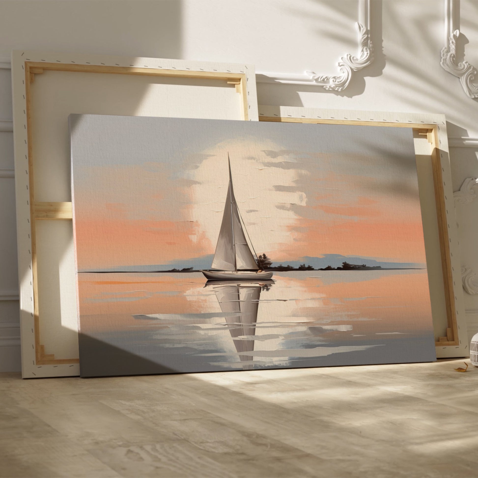 Framed canvas print of a sailboat at sunset with reflections on tranquil waters