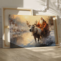 Framed canvas print of a mythical figure in red with a reindeer in a warm, snowy sunset landscape