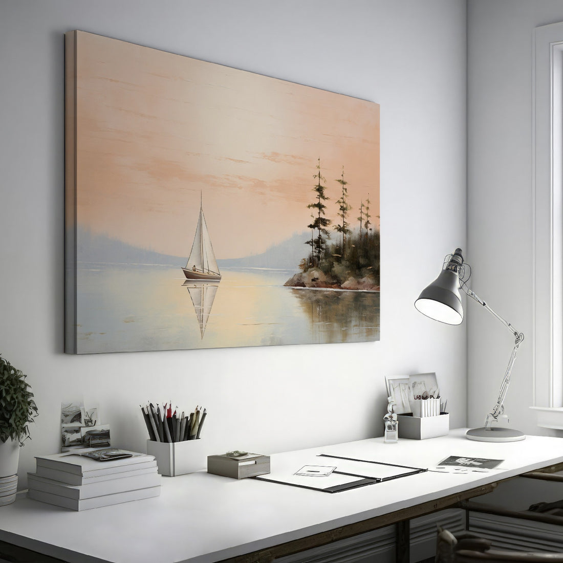 Peaceful landscape painting of a sailboat on a mirror-like lake with orange sky and pine trees