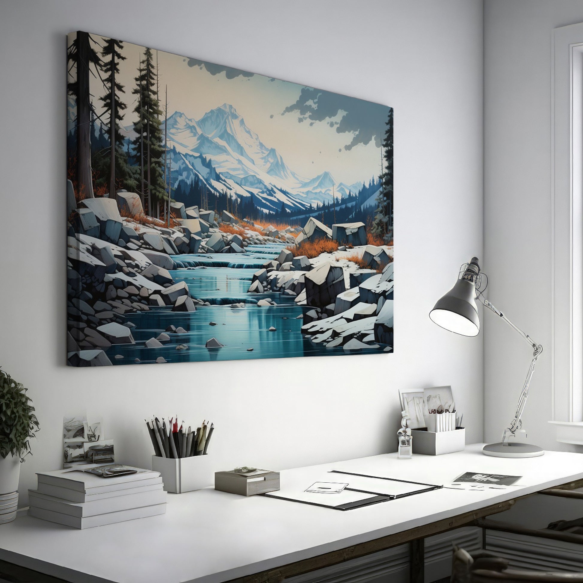 Framed canvas print of a serene mountain landscape with snow-covered peaks, a flowing river, and a forest in digital art style.