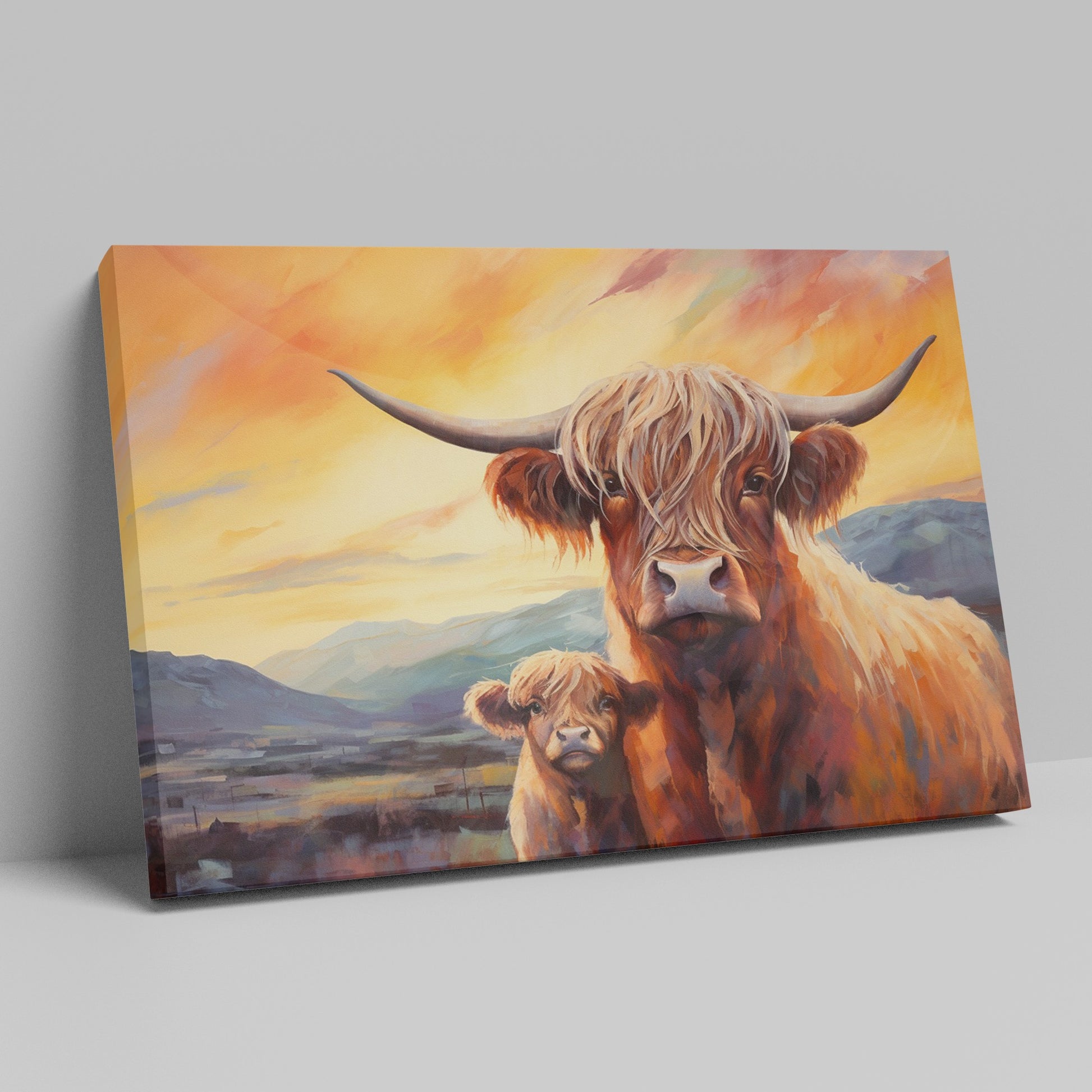 Framed canvas print of Highland cattle with calf at sunset, warm tones and mountain backdrop