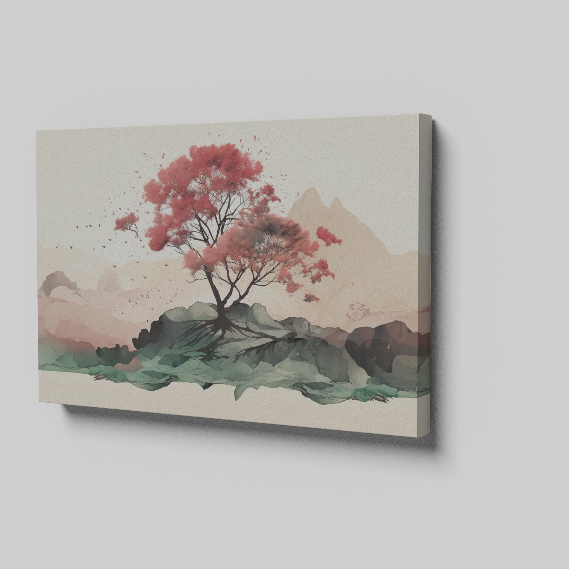 Framed canvas print of a serene cherry blossom tree amidst a minimalist mountain range