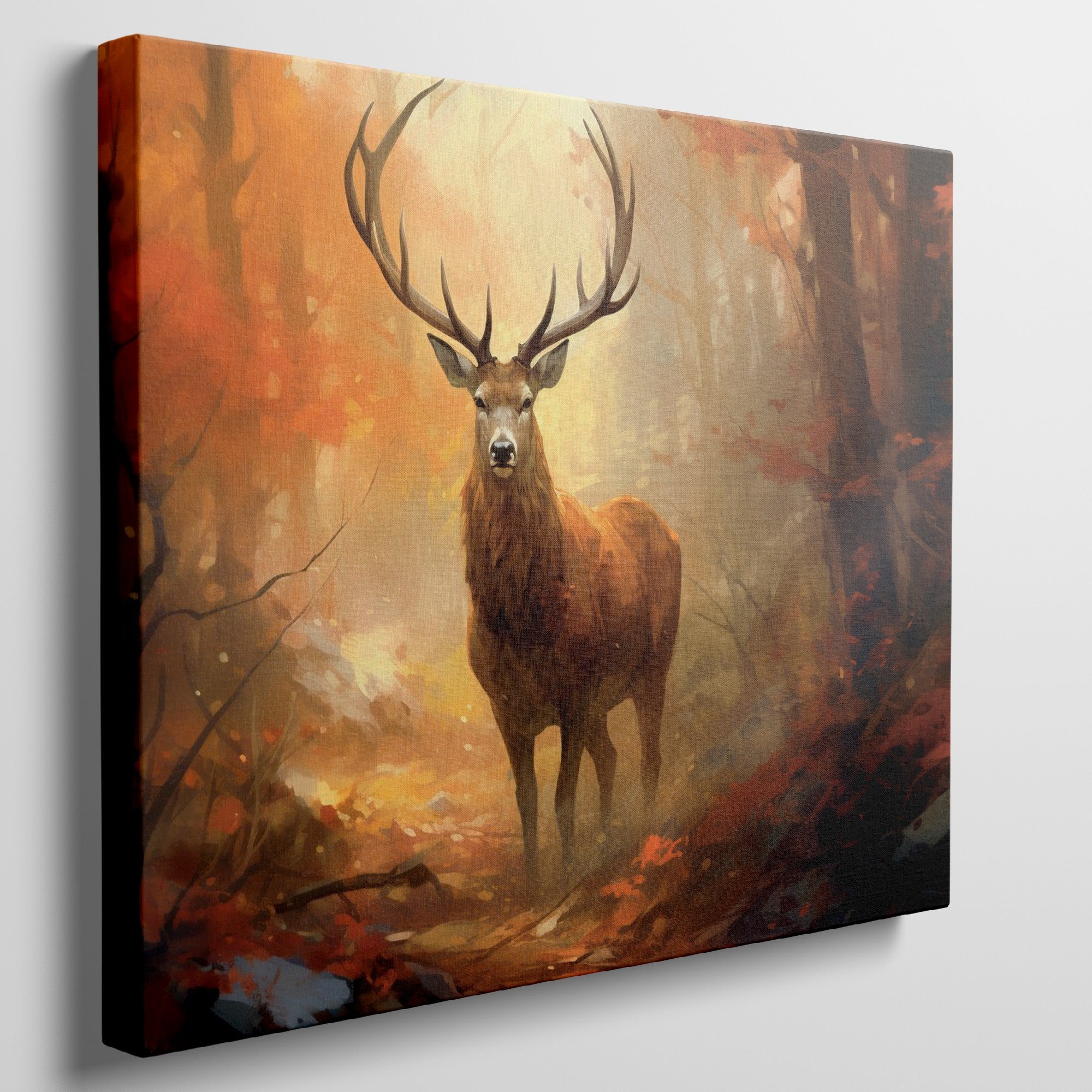 Framed canvas print of a majestic stag in a vivid autumn forest