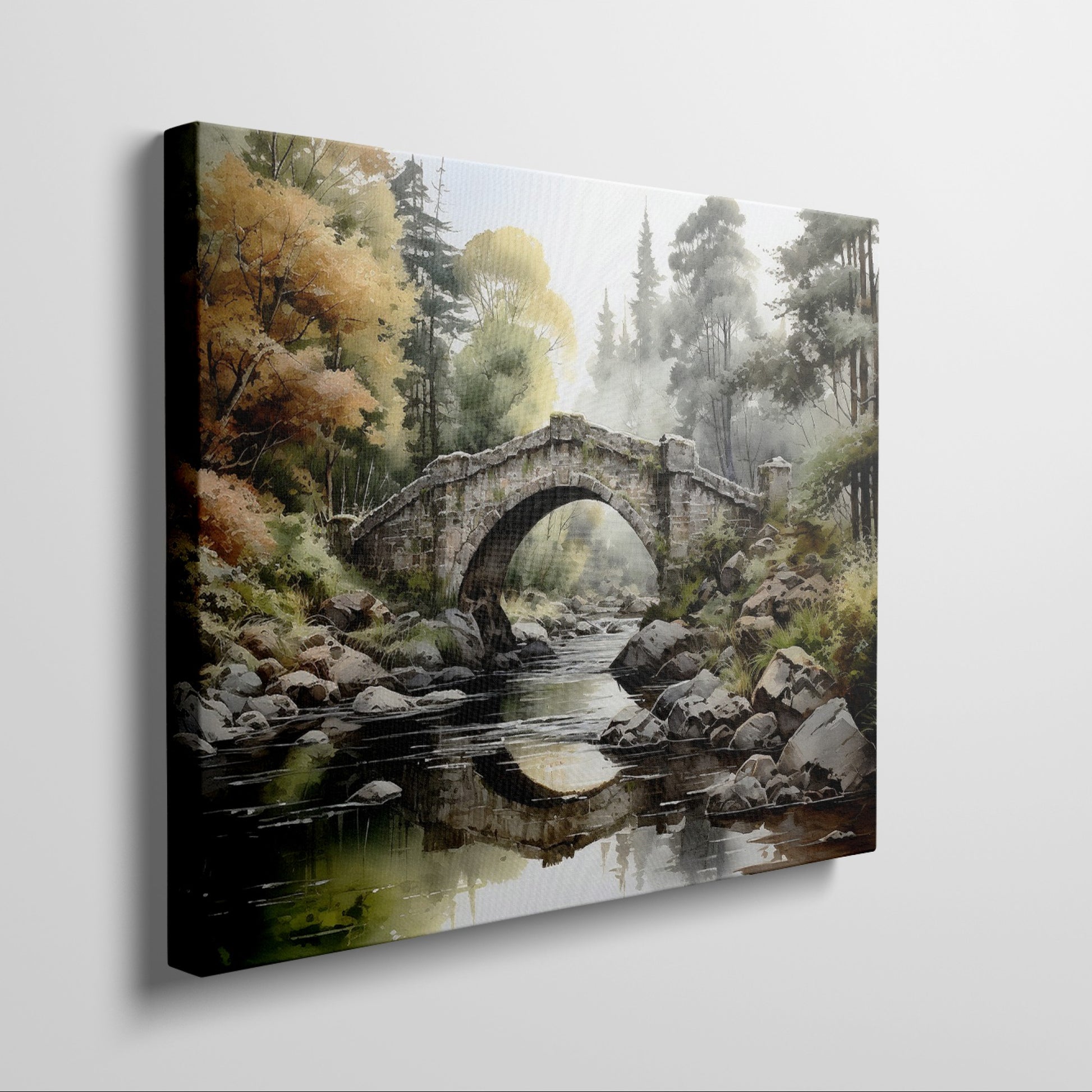 Framed canvas print of a tranquil autumnal scene featuring a rustic stone bridge over a serene river with lush forest in the background