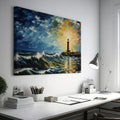 Framed canvas print of an impressionist lighthouse seascape at sunset with textured waves and a vivid sky