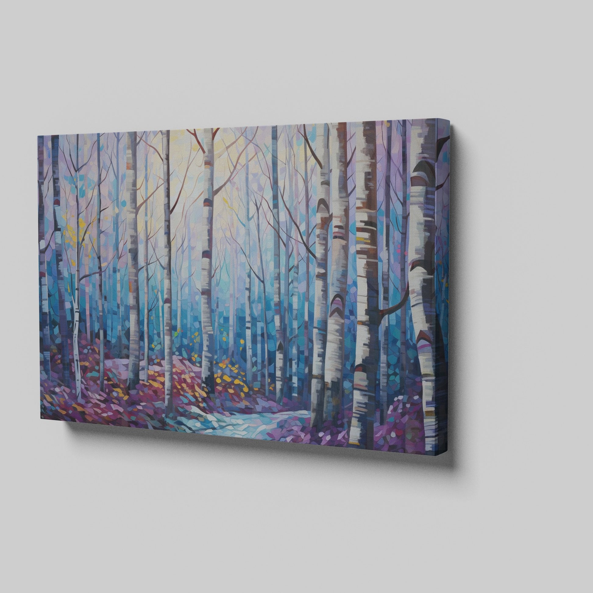 Framed canvas print of a stylised geometric birch forest in vibrant blue, purple, and yellow tones