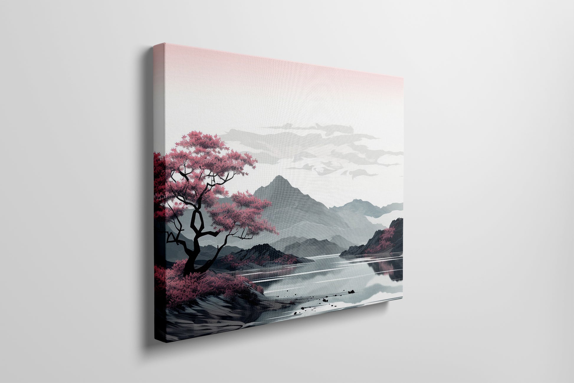 Framed canvas print of an oriental cherry blossom beside a reflective lake with mountain backdrop