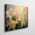 Framed canvas print of impressionist lilies in warm shades of yellow and cream