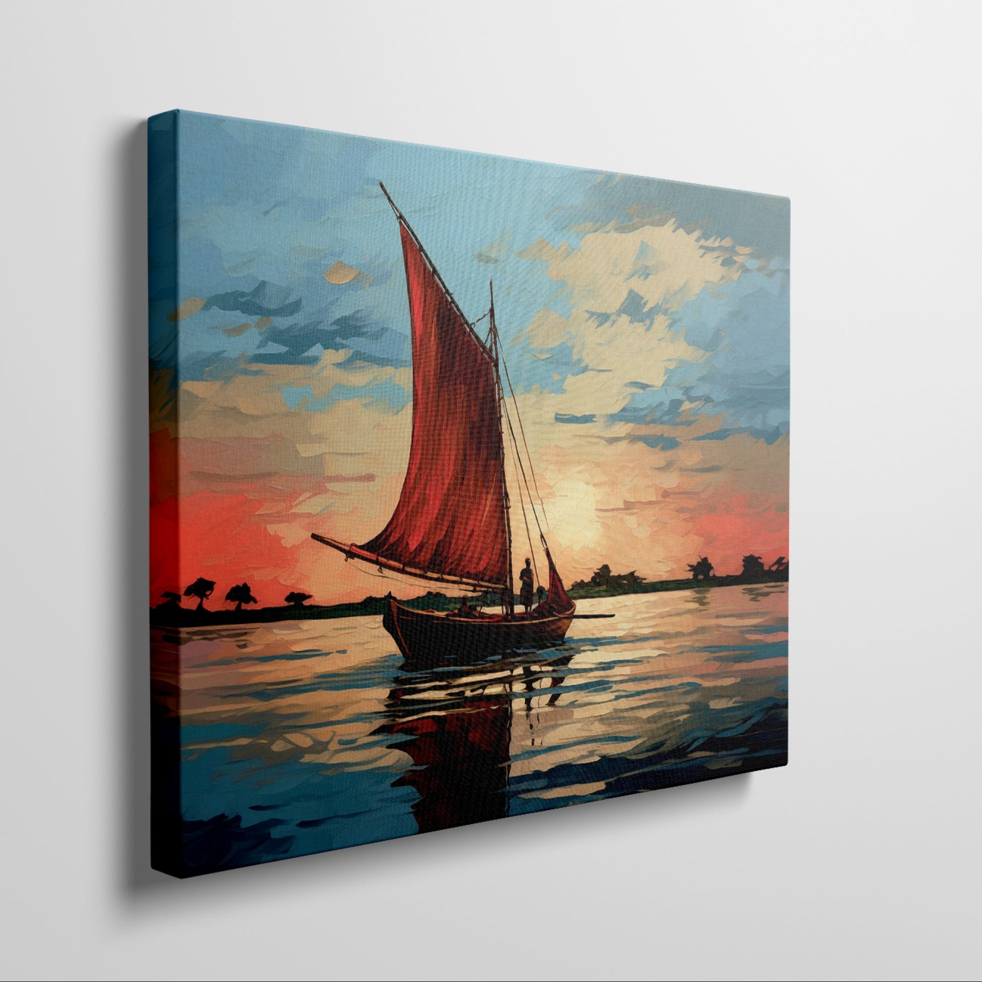 Impressionist style painting of a sailboat with a red sail on calm waters at sunset with vibrant blue and orange sky