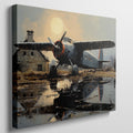 Framed canvas print of vintage airplane with warm sunset reflection on airfield