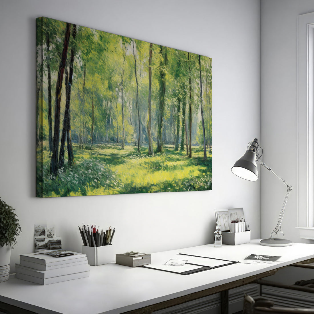 Impressionist painting of a sun-dappled forest with lush green trees and a path.