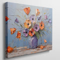 Framed canvas print of textured impasto poppies in a purple vase against a blue background