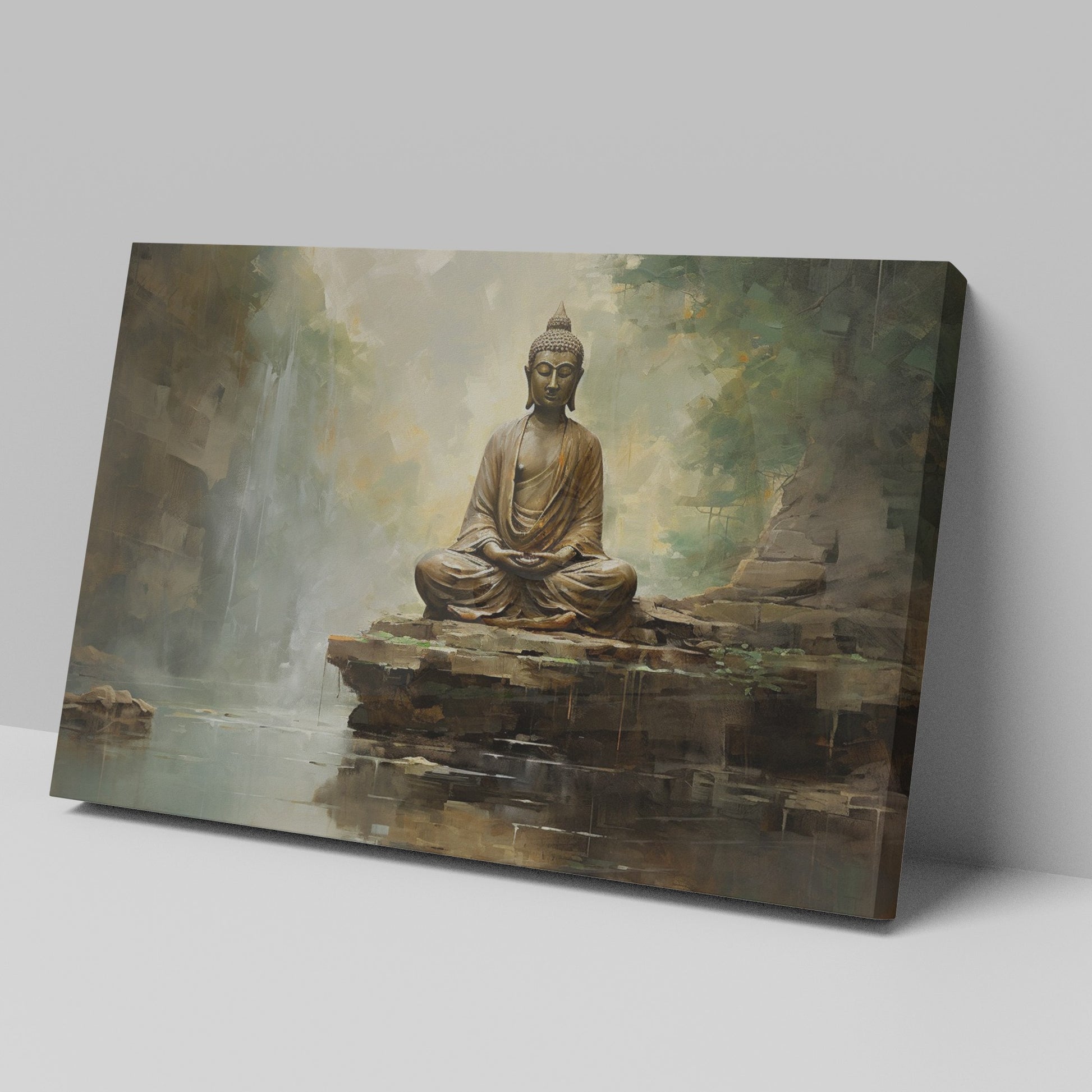 Framed canvas print of a serene Buddha statue in a Zen garden with waterfall