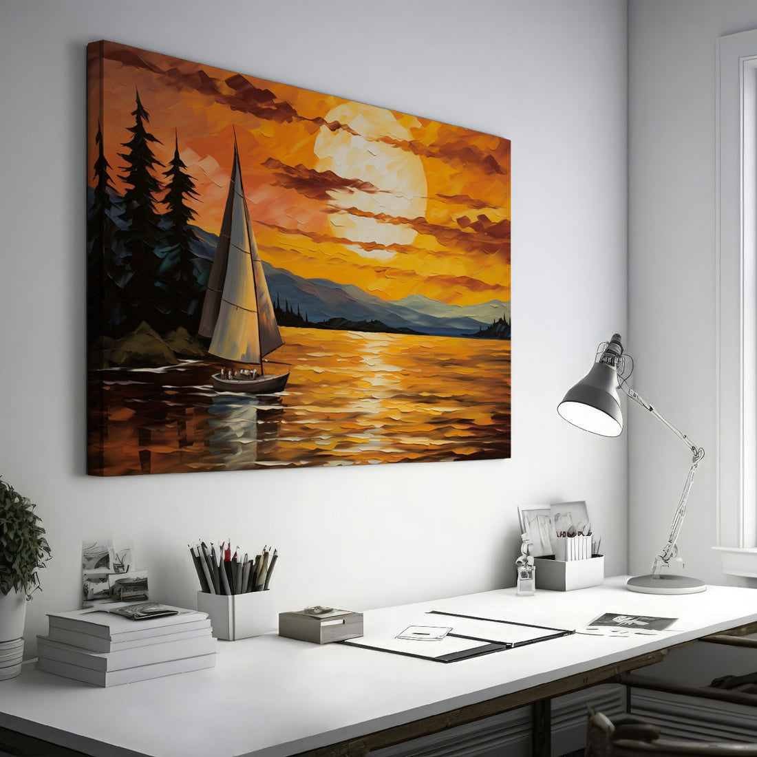 Abstract sailboat at sunset with orange and yellow sky over blue water, bordered by dark trees.