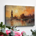 Framed canvas print of an impressionist painting featuring the London skyline with Big Ben at sunset