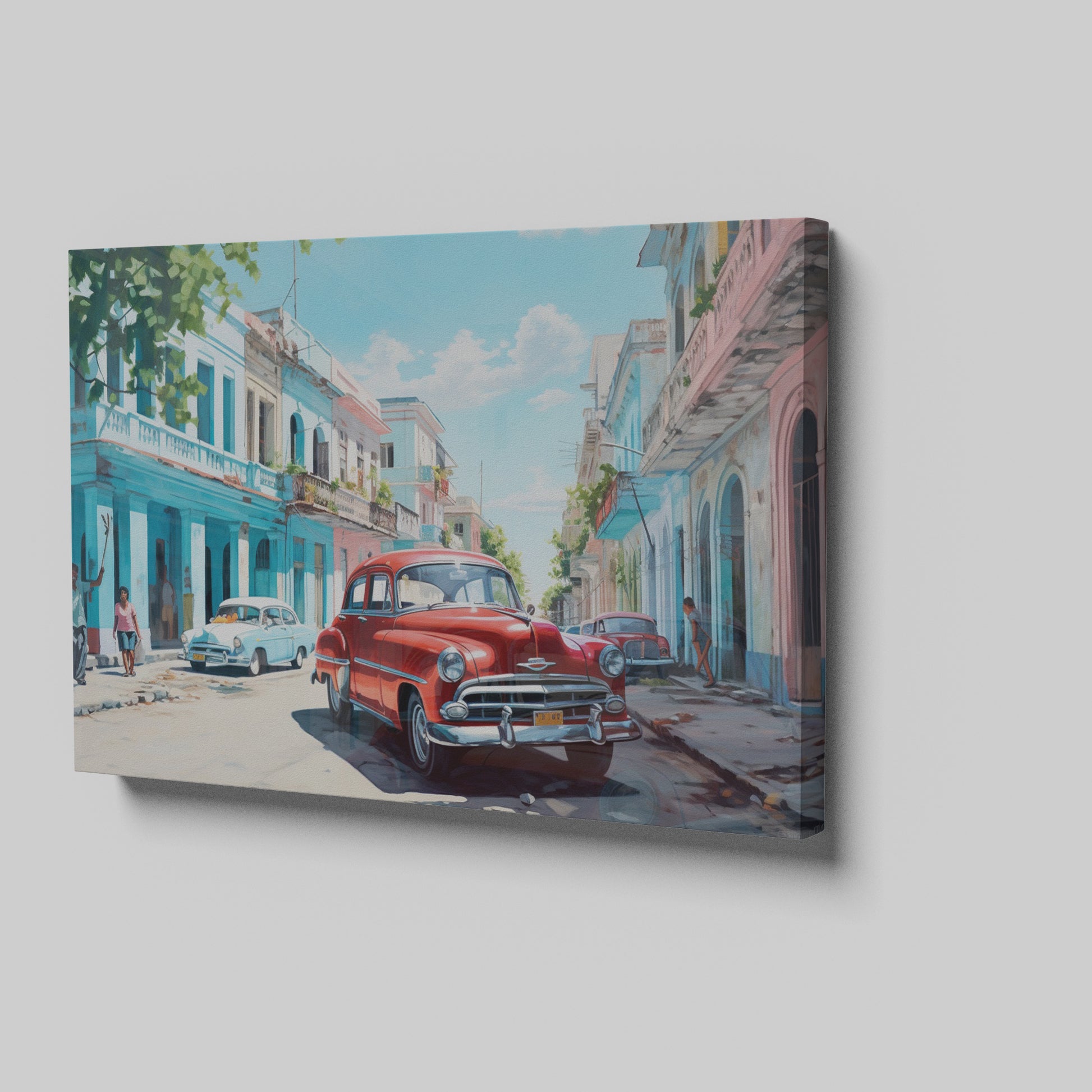 Framed canvas print of a vibrant Cuban street with vintage cars and colourful buildings