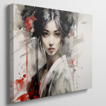 Framed canvas print of ethereal geisha in modern ink style with red accents