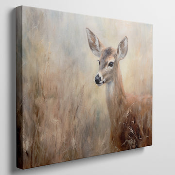 Framed canvas print of an impressionist painting of a deer with warm earthy tones