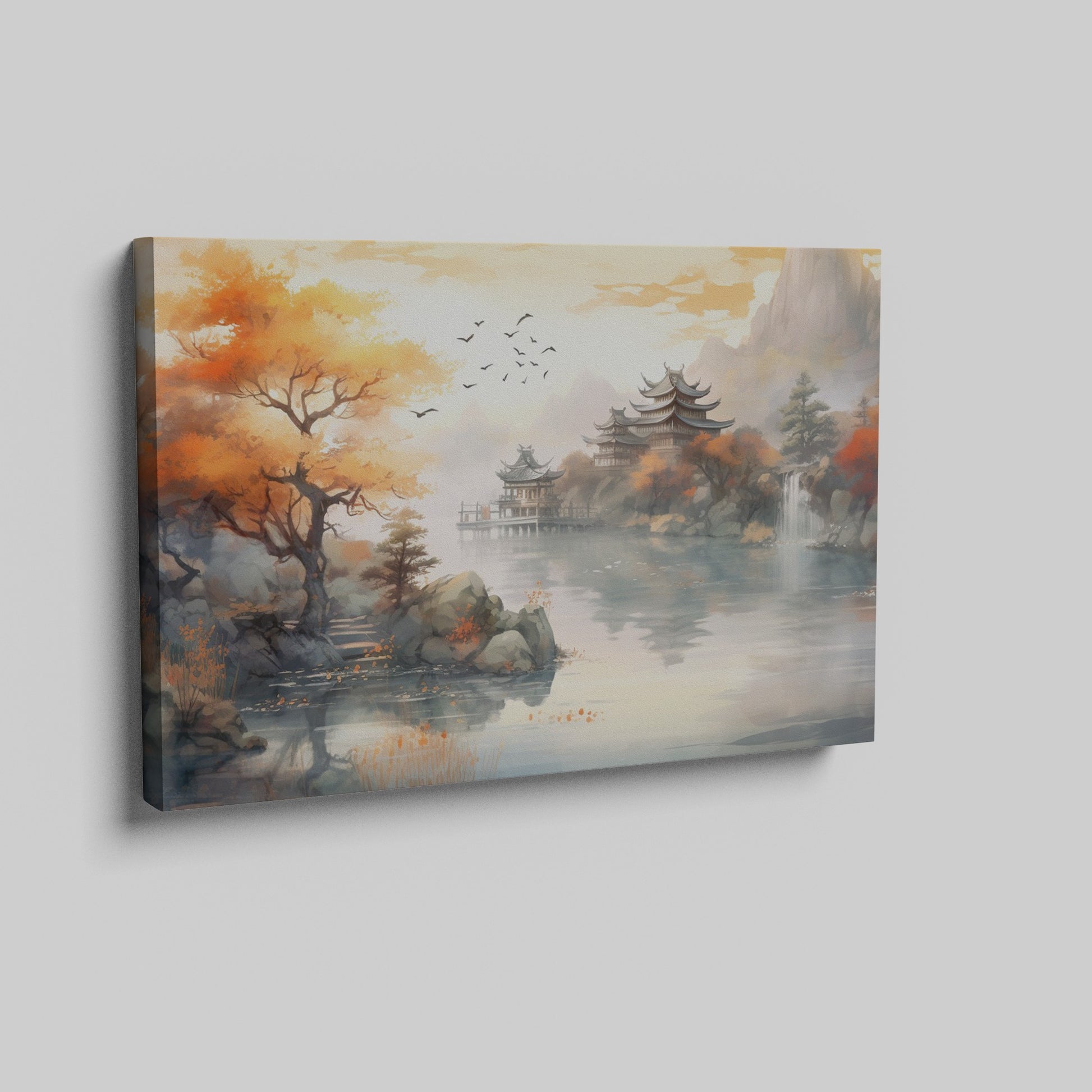 Framed canvas print of an Asian-inspired scene featuring traditional Chinese pagodas amid autumnal trees by a misty lake with a waterfall