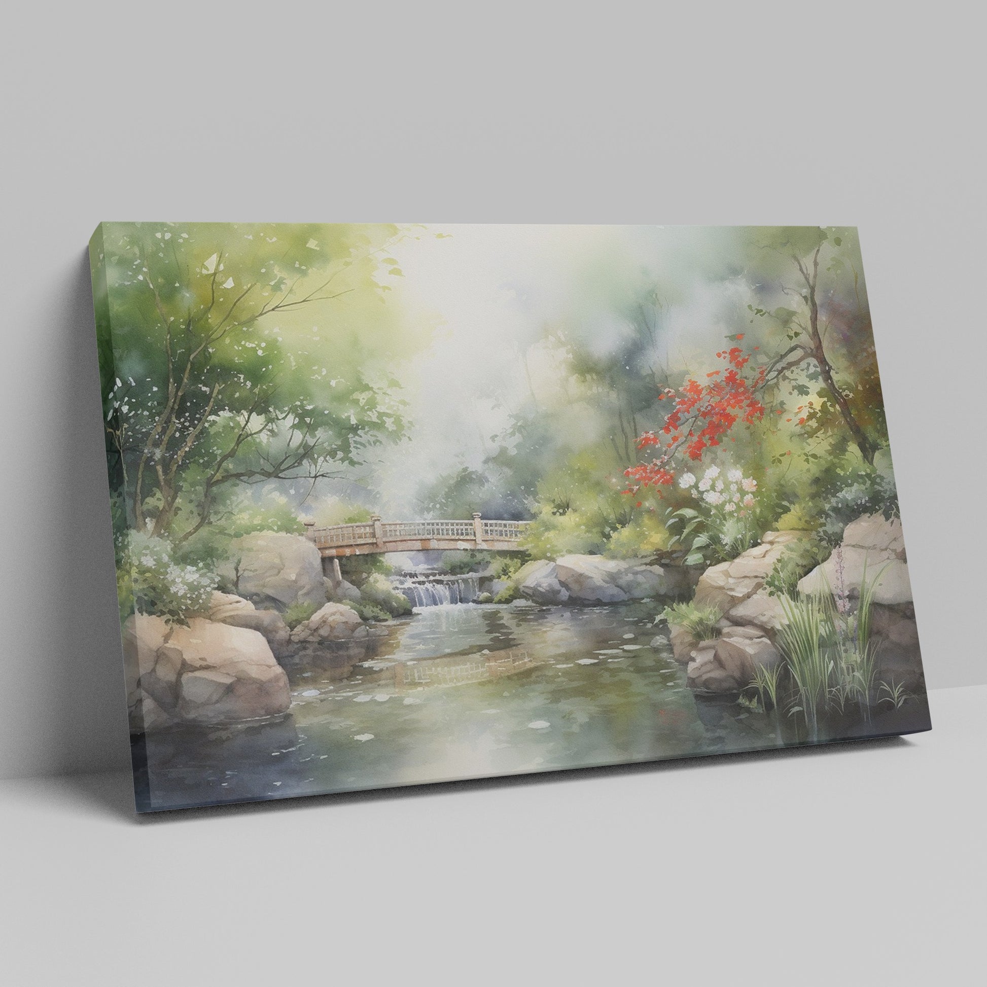 Framed canvas print of a serene Japanese garden with a bridge, waterfall, and flowers